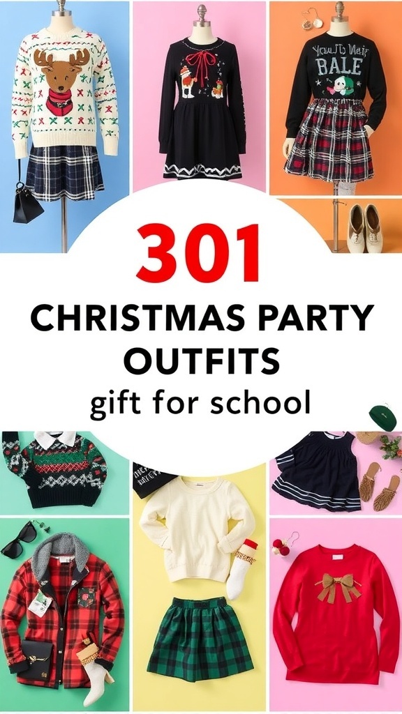 Stylish Christmas party outfits for school including sweaters, dresses, and accessories.